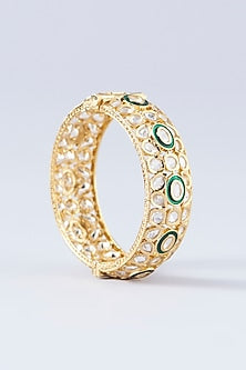 Gold Finish Kundan Polki & Green Stone Kadas (Set Of 2)
