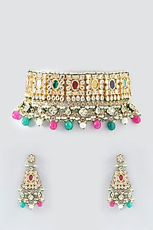Gold Finish Kundan Polki & Multi-Colored Stone Choker Necklace Set