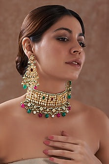 Gold Finish Kundan Polki & Multi-Colored Stone Choker Necklace Set