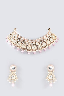 Gold Finish Kundan Polki & Pink Stone Necklace Set