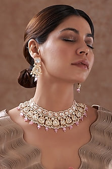 Gold Finish Kundan Polki & Pink Stone Necklace Set
