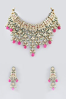 Gold Finish Kundan Polki & Pink Stone Necklace Set