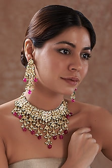 Gold Finish Kundan Polki & Pink Stone Necklace Set