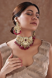 Gold Plated Kundan Polki & Pearl Choker Necklace Set
