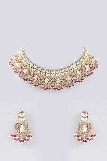 Gold Plated Kundan Polki & Ruby Stone Necklace Set