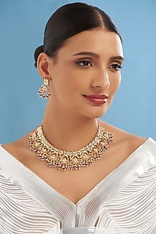 Gold Plated Kundan Polki & Ruby Stone Necklace Set