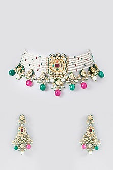 Gold Finish Kundan Polki & Multi-Colored Stone Choker Necklace Set