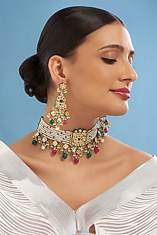 Gold Finish Kundan Polki & Multi-Colored Stone Choker Necklace Set