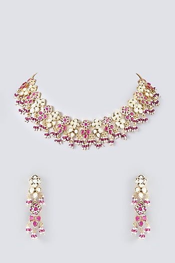 Gold Plated Kundan Polki & Ruby Necklace Set