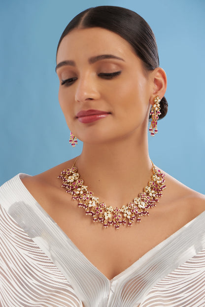 Gold Plated Kundan Polki & Ruby Necklace Set