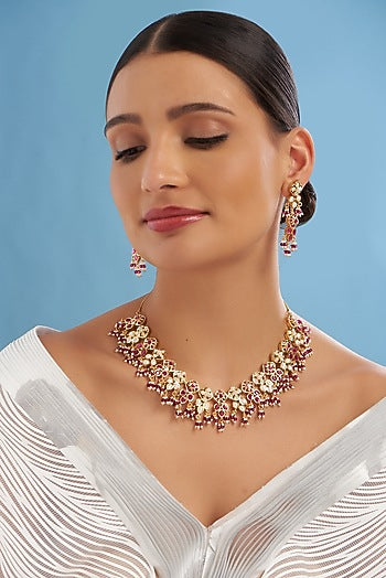 Gold Plated Kundan Polki & Ruby Necklace Set