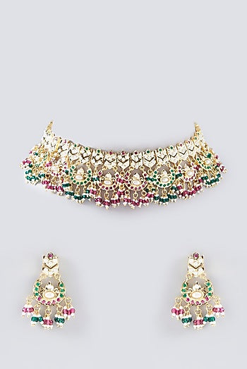 Gold Plated Kundan Polki & Multi-Colored Stone Necklace Set