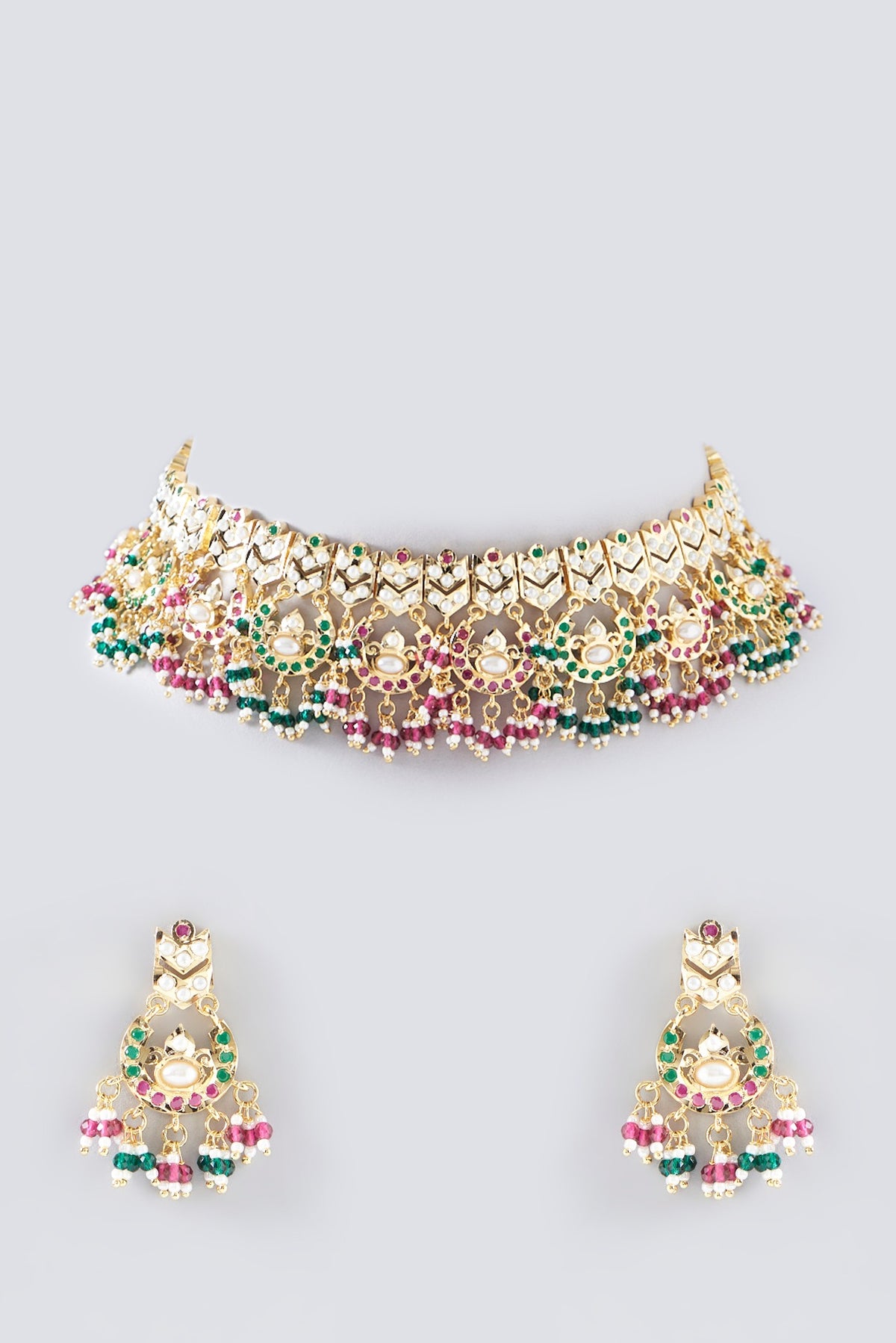 Gold Plated Kundan Polki & Multi-Colored Stone Necklace Set