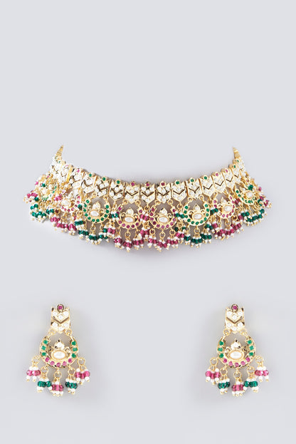 Gold Plated Kundan Polki & Multi-Colored Stone Necklace Set