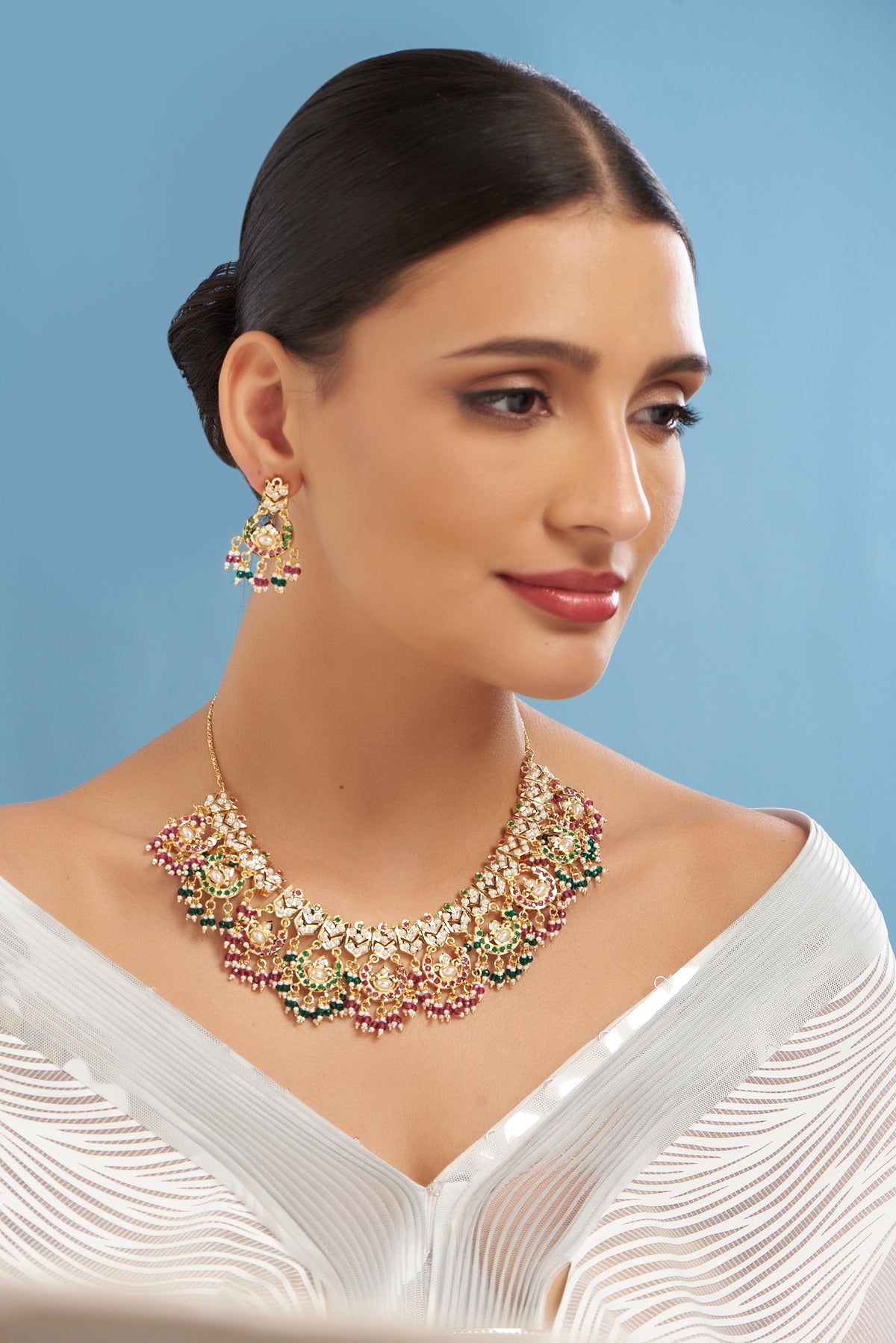 Gold Plated Kundan Polki & Multi-Colored Stone Necklace Set