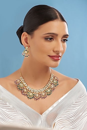 Gold Plated Kundan Polki & Multi-Colored Stone Necklace Set