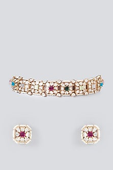 Gold Finish Kundan Polki & Navratan Stone Choker Necklace Set
