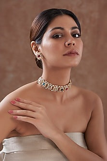 Gold Finish Kundan Polki & Navratan Stone Choker Necklace Set