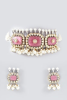 Gold Plated Kundan Polki & Pink Natural Stone Choker Necklace Set