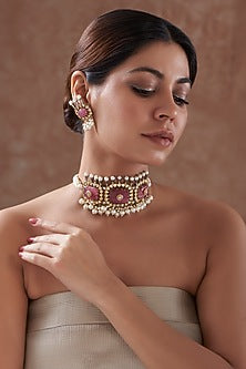 Gold Plated Kundan Polki & Pink Natural Stone Choker Necklace Set