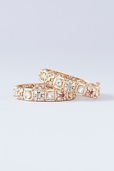 Gold Finish Kundan Polki Kada (Set Of 2)