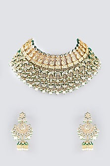 Gold Plated Kundan Polki & Green Stone Necklace Set