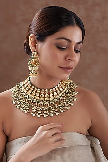 Gold Plated Kundan Polki & Green Stone Necklace Set