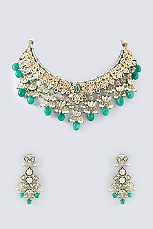 Gold Plated Kundan Polki & Green Pearl Necklace Set