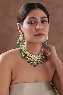 Gold Plated Kundan Polki & Green Pearl Necklace Set