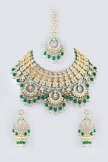 Gold Plated Kundan Polki & Green Pearl Necklace Set