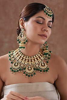 Gold Plated Kundan Polki & Green Pearl Necklace Set