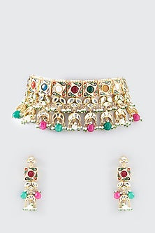 Gold Finish Kundan Polki & Pearl Choker Necklace Set