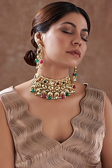 Gold Finish Kundan Polki & Pearl Choker Necklace Set
