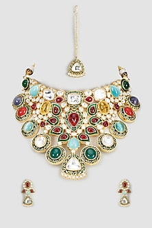 Gold Finish Kundan Polki & Navratna Stone Choker Necklace Set