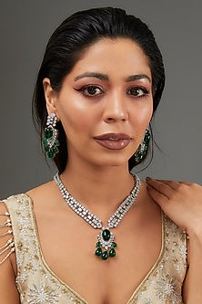 White Finish Faux Diamond & Green Stone Necklace Set
