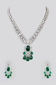 White Finish Faux Diamond & Green Stone Necklace Set