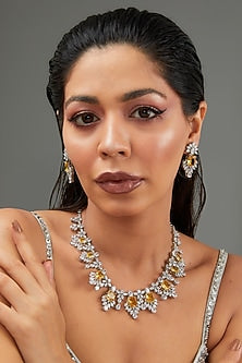 White Finish Faux Diamond & Yellow Stone Necklace Set