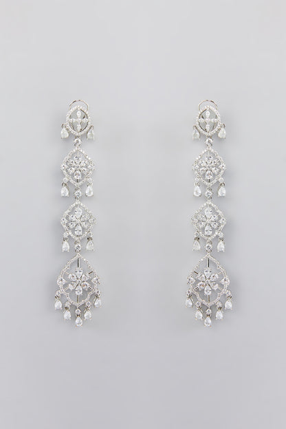 White Finish Faux Diamond Dangler Earrings