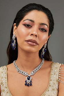 White Finish Faux Diamond & Blue Stone Necklace Set