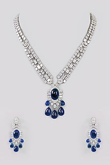 White Finish Faux Diamond & Blue Stone Necklace Set