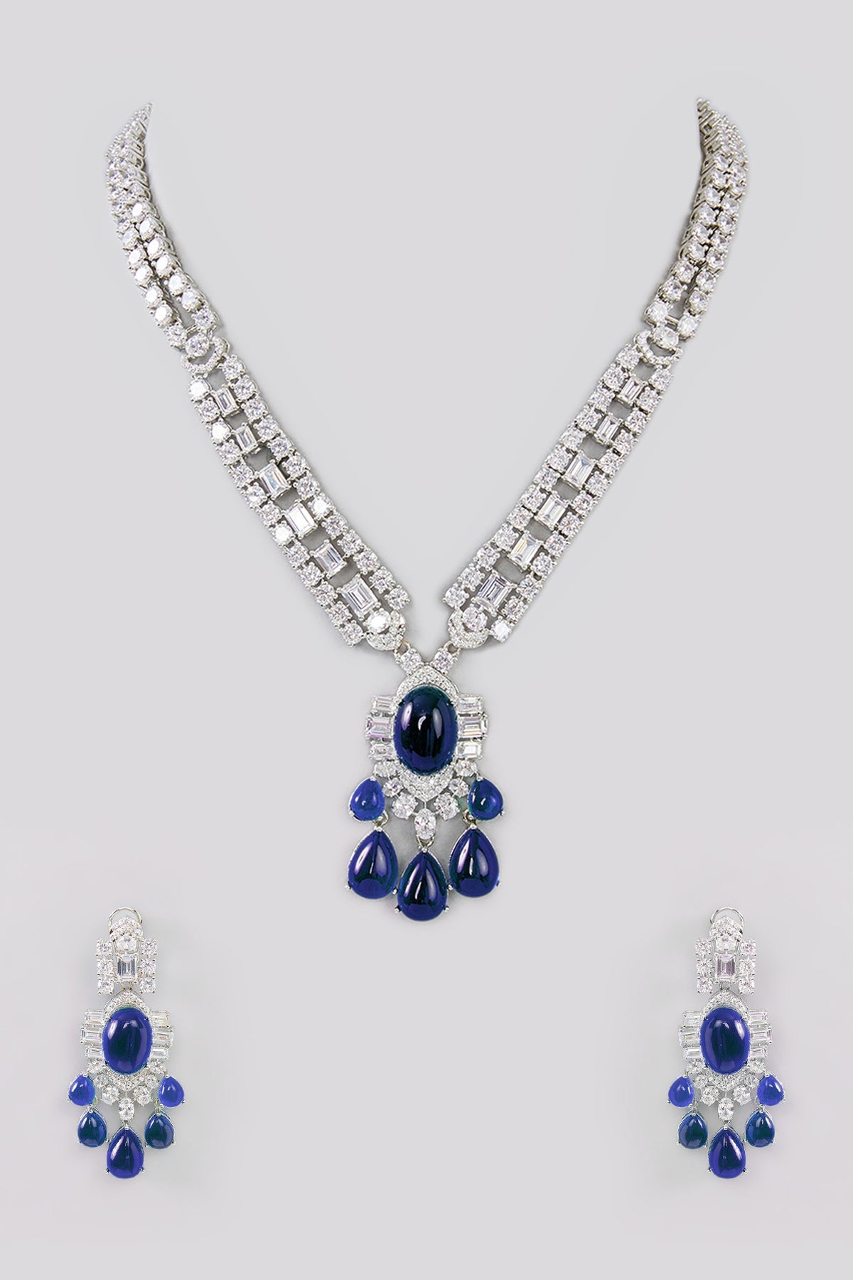 White Finish Faux Diamond & Blue Stone Necklace Set