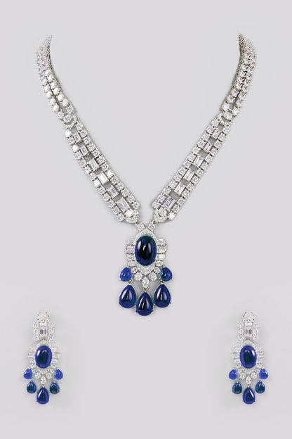 White Finish Faux Diamond & Blue Stone Necklace Set