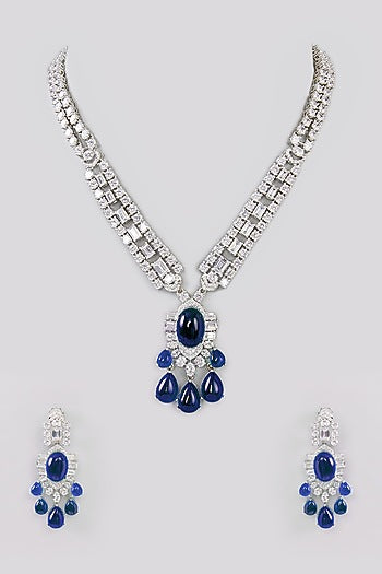 White Finish Faux Diamond & Blue Stone Necklace Set