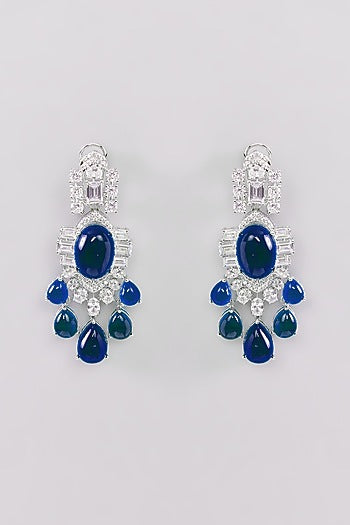White Finish Faux Diamond & Blue Stone Necklace Set