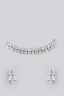 White Finish Faux Diamond Choker Necklace Set