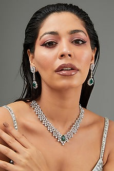 White Finish Faux Diamond & Emerald Stone Necklace Set