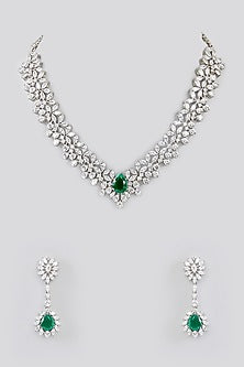 White Finish Faux Diamond & Emerald Stone Necklace Set