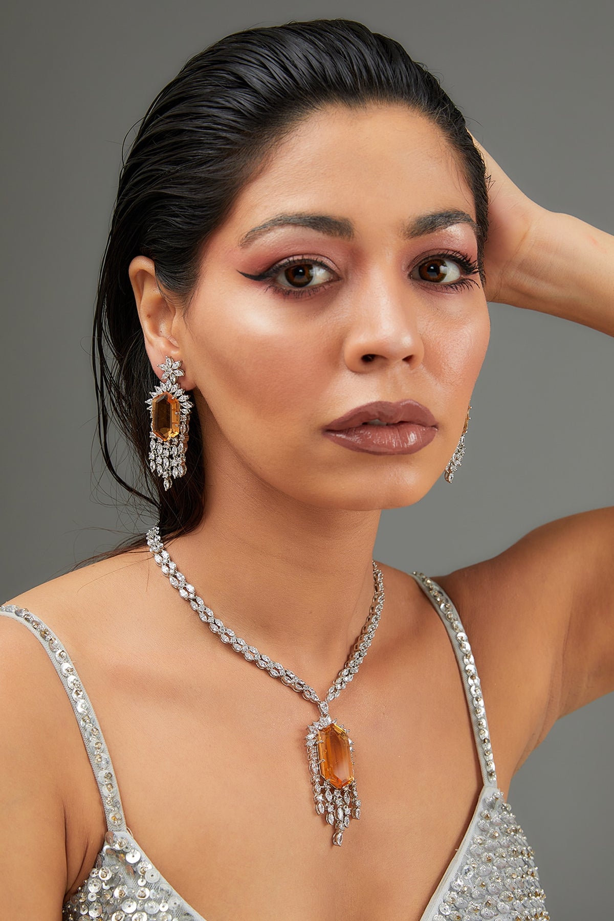 White Finish Faux Diamond & Gold Topaz Stone Necklace Set