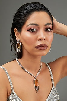 White Finish Faux Diamond & Gold Topaz Stone Necklace Set