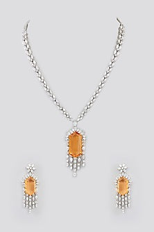 White Finish Faux Diamond & Gold Topaz Stone Necklace Set